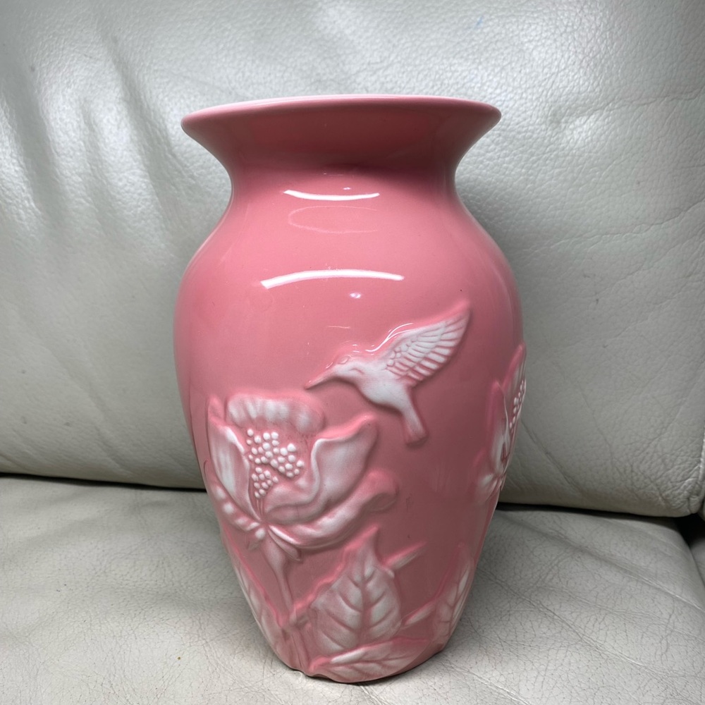 Teleflora Pink Hummingbird Floral 8 Inch Ceramic Vase
